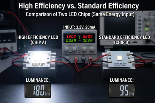 A comparison of two LED chips, one glowing brighter with the same energy input